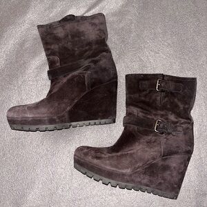 PRADA black suede wedge ankle boots w/ double buckle straps. Size 39 or 8.5